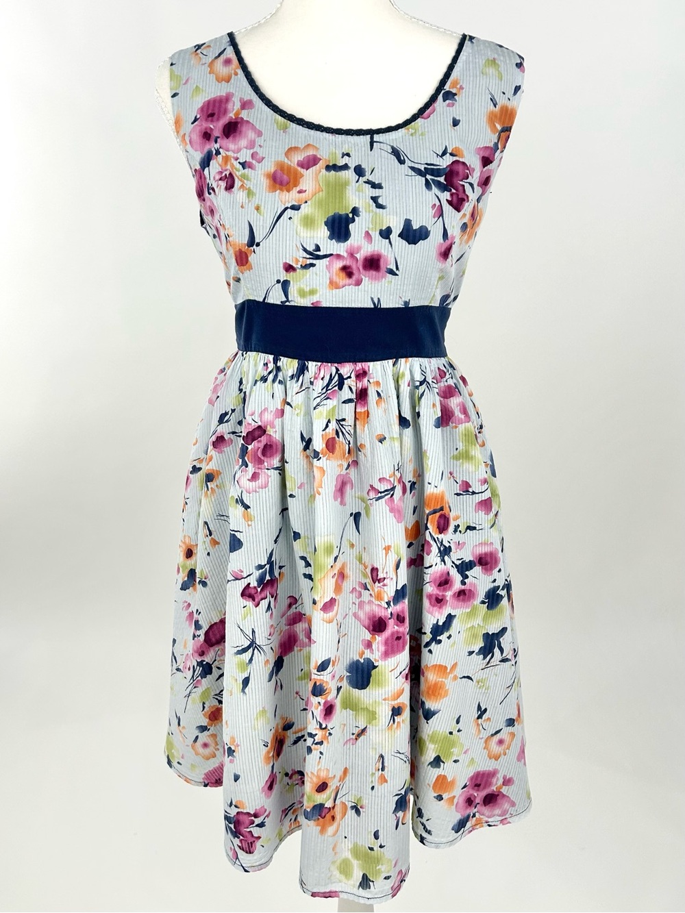 Boutique Cottagecore Floral Fit & Flare Dress Navy Sash Cotton Small